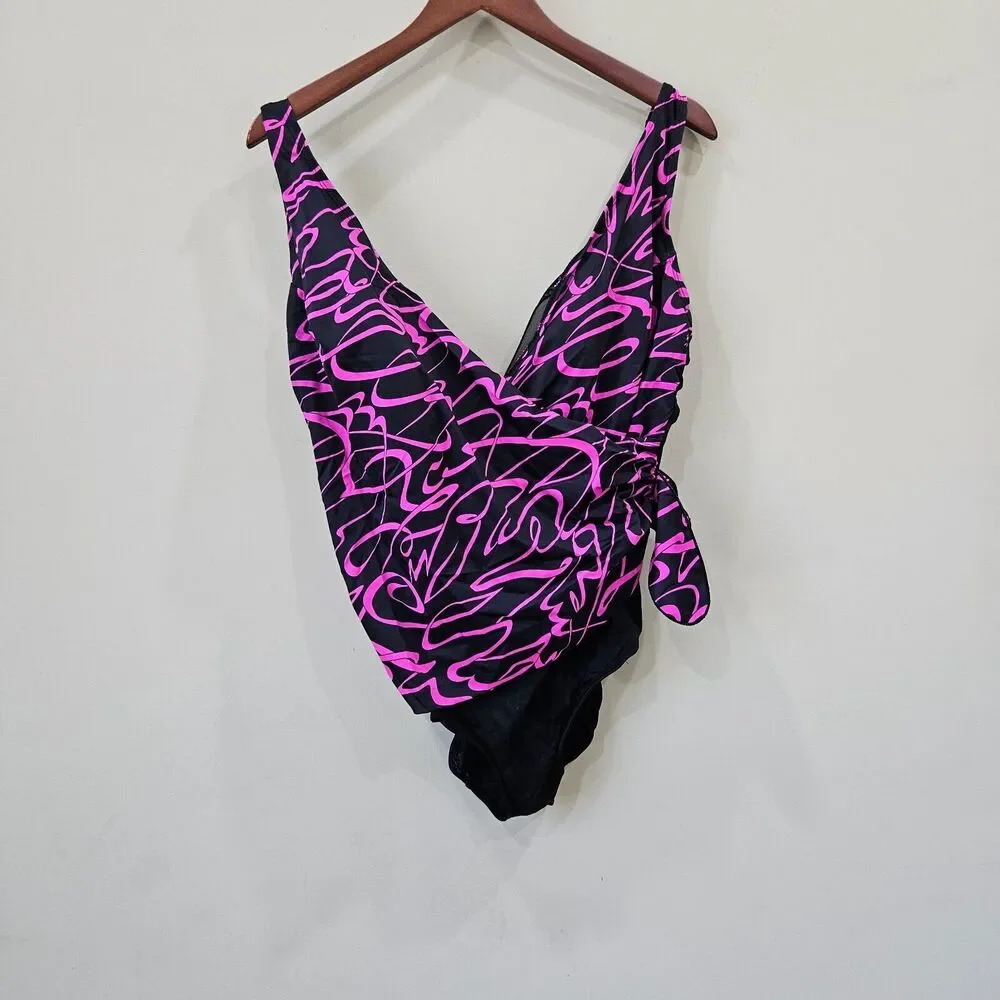 Longitude Women's Wrap One Piece Swim Suit Black Purple Beach Resort Vacation